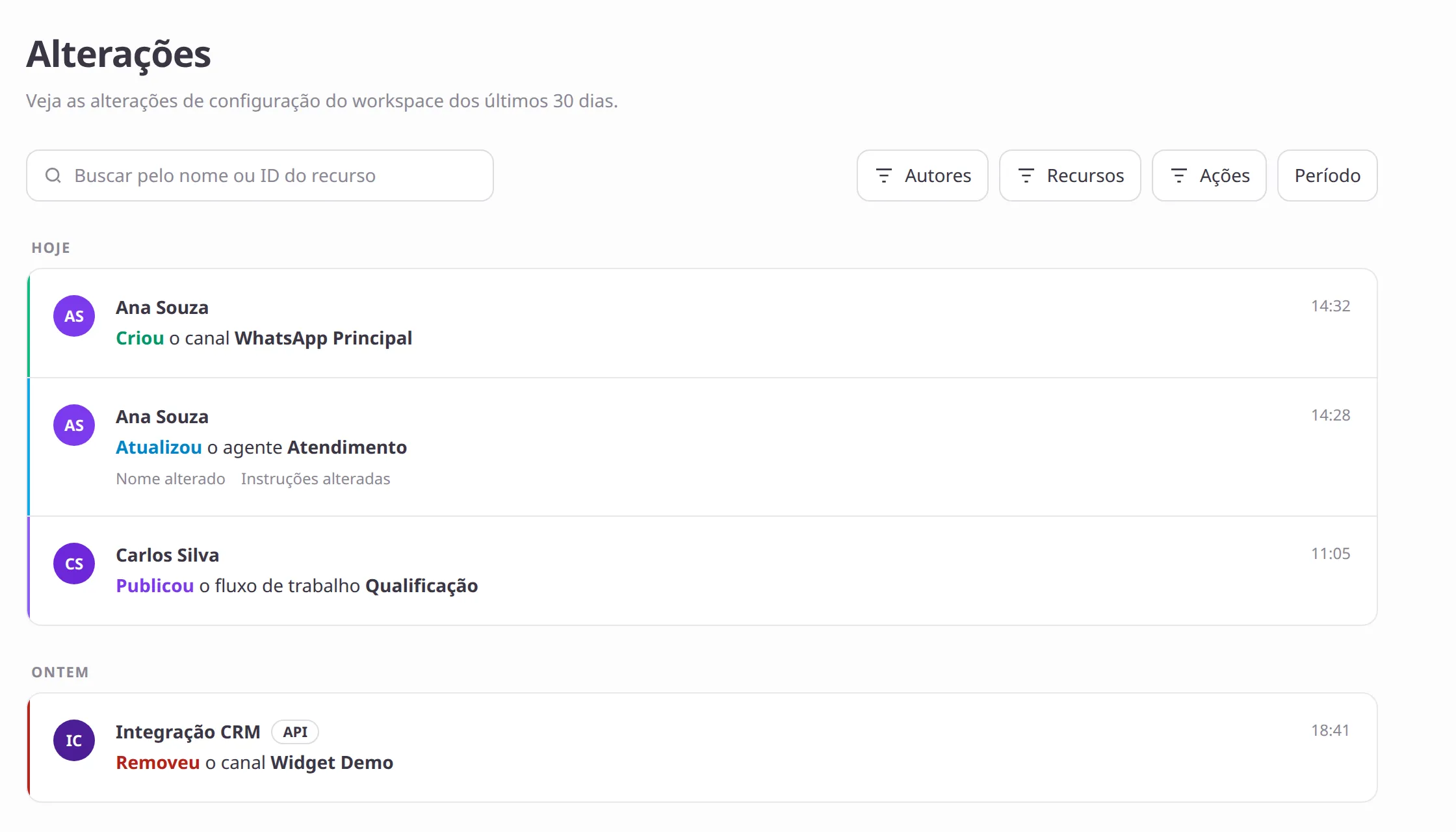 Lista Alterações com filtros, busca e registros de canal e agente