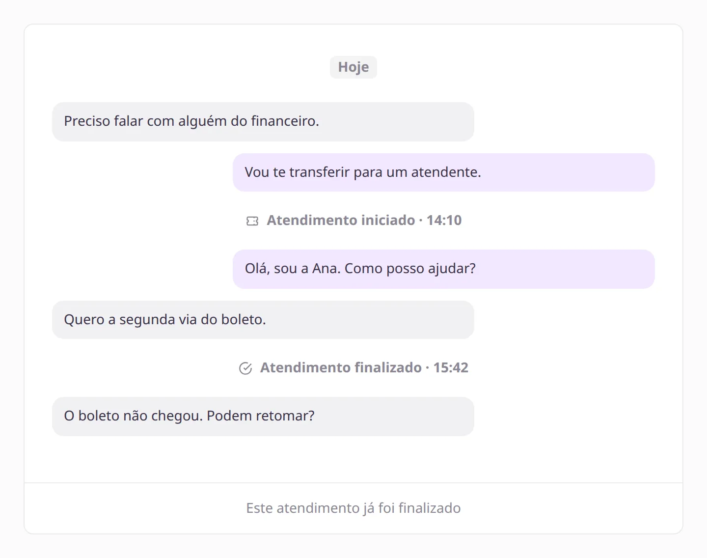 Thread do chat com divisores Atendimento iniciado e Atendimento finalizado