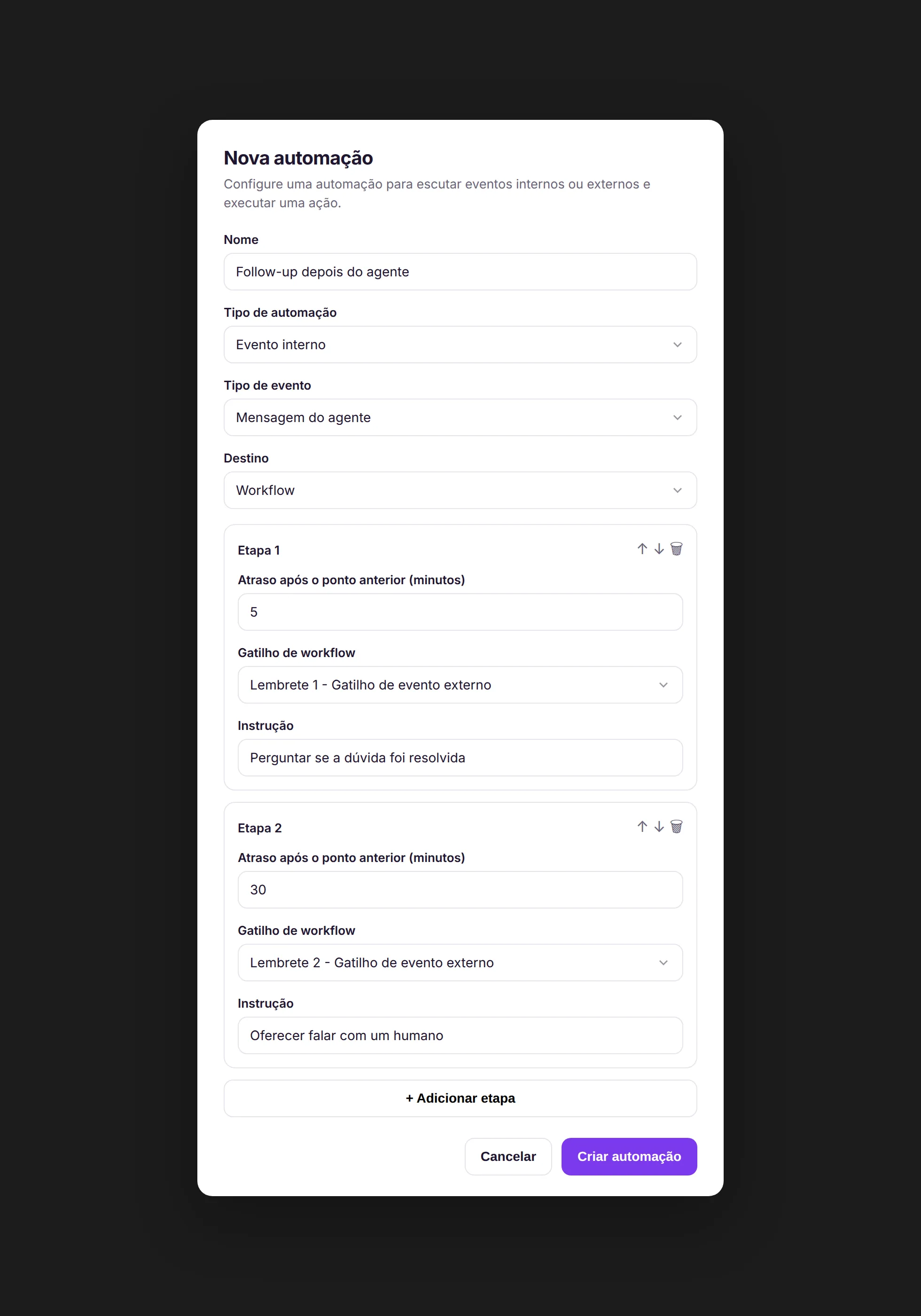 Modal Nova automação com evento Mensagem do agente e duas etapas de follow-up