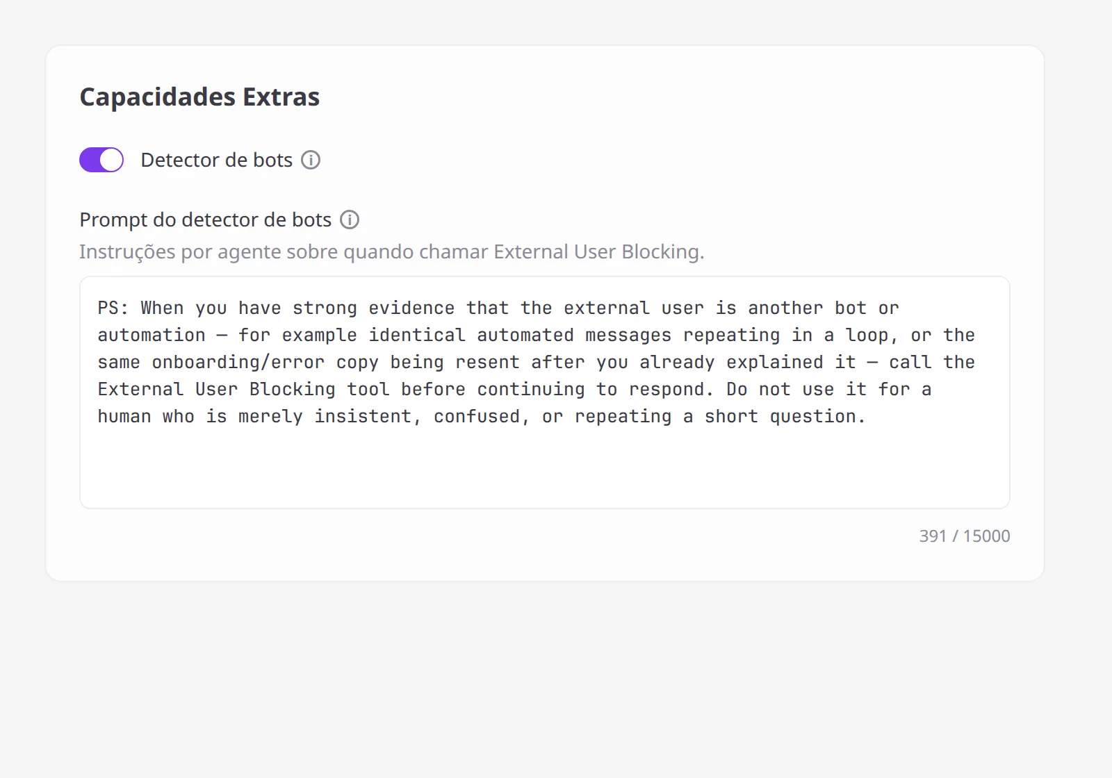 Capacidades Extras com Detector de bots ligado e o campo Prompt do detector de bots