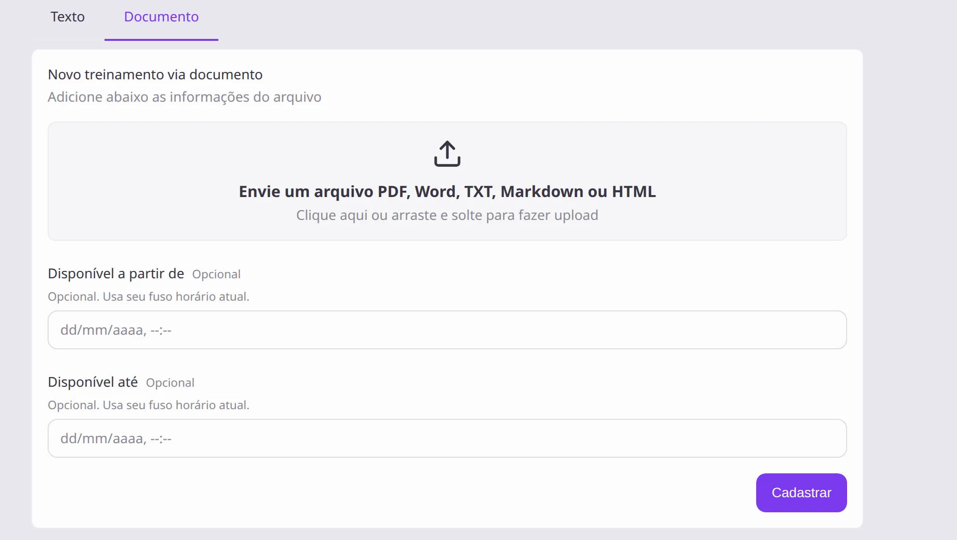 Formulário Novo treinamento via documento com a área de envio PDF, Word, TXT, Markdown ou HTML e o botão Cadastrar