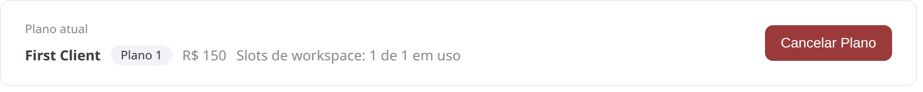 Cartão Plano atual no Console com o botão Cancelar Plano à direita
