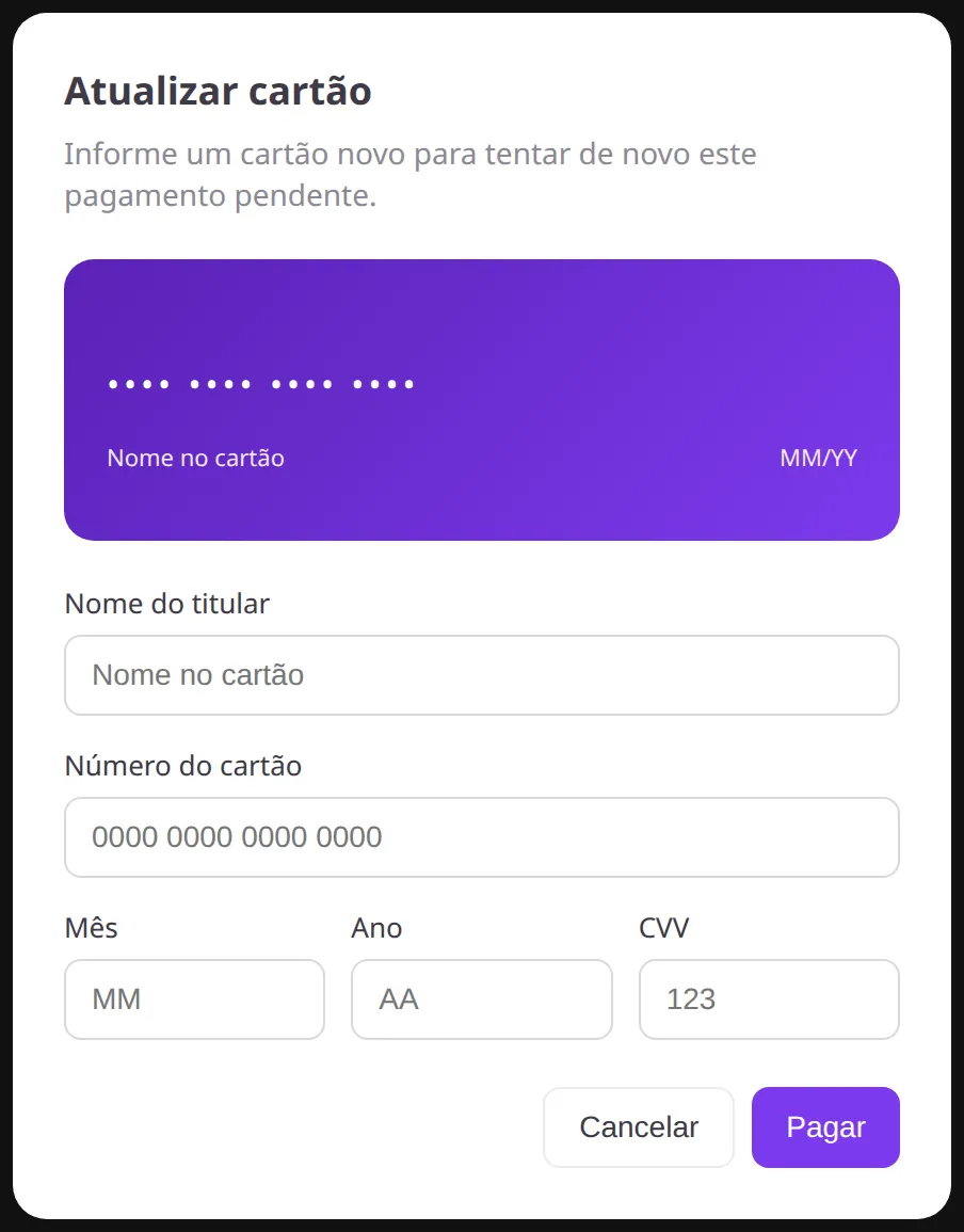 Modal Atualizar cartão com os campos do cartão e o botão Pagar