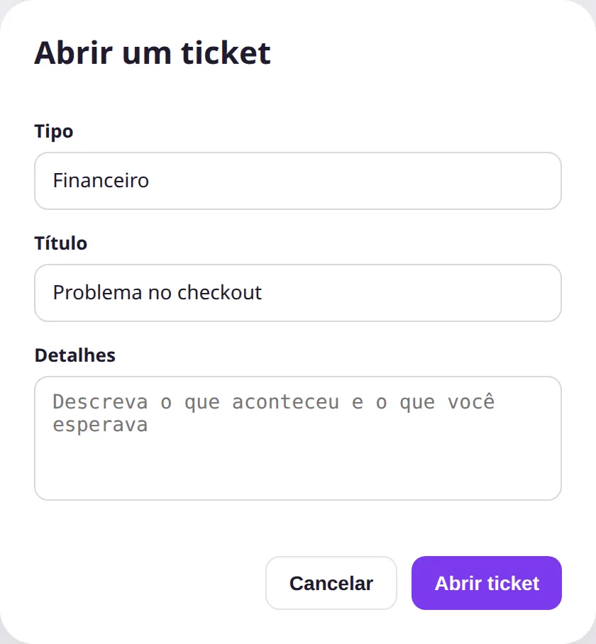 Formulário Abrir um ticket com Tipo Financeiro e Título Problema no checkout