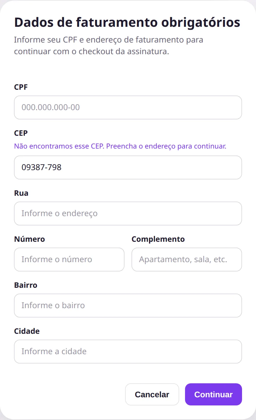 Modal Dados de faturamento obrigatórios com CEP não encontrado e campos de endereço abertos