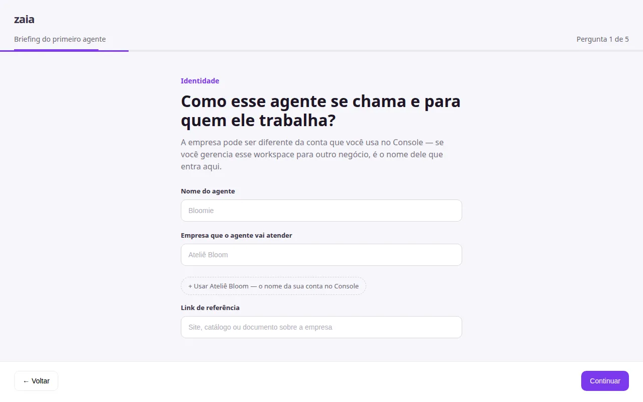Primeira pergunta do briefing a partir da lista de Agentes, sem Etapa 3 de 3