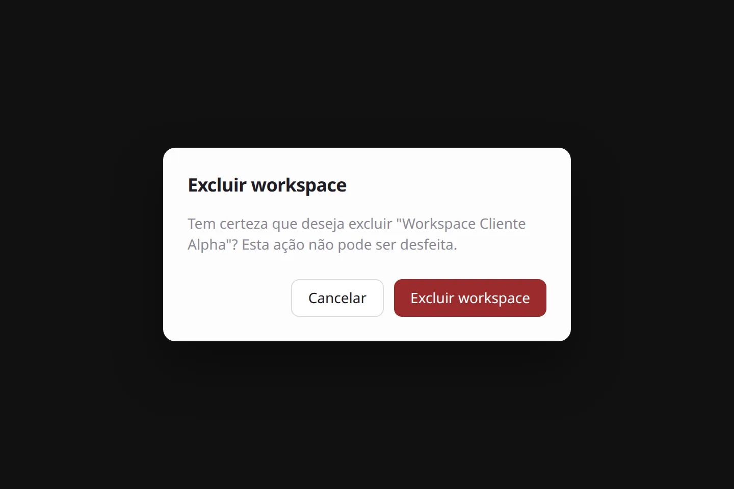 Diálogo Excluir workspace com Cancelar e confirmar