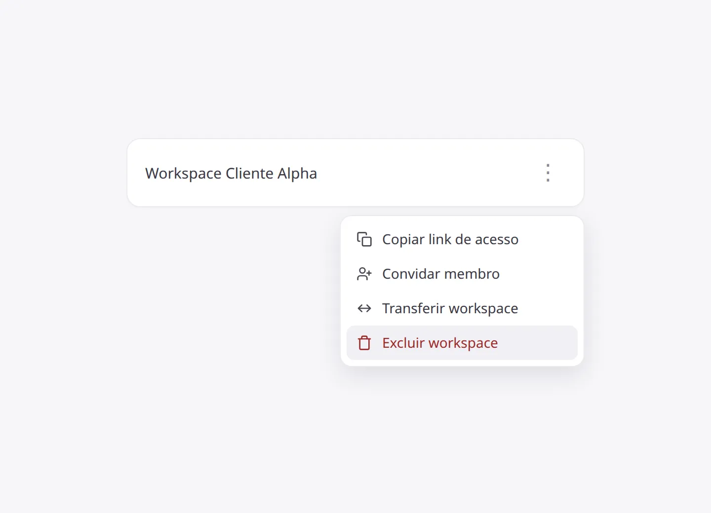 Menu de ações do workspace com Excluir workspace
