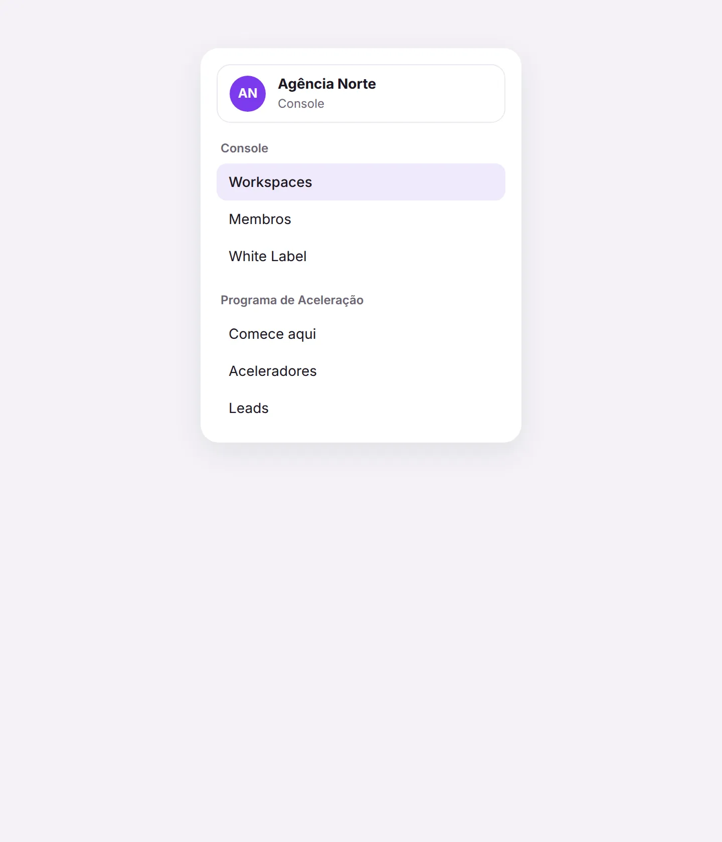 Menu do Console com Workspaces e Leads dentro do Programa de Aceleração