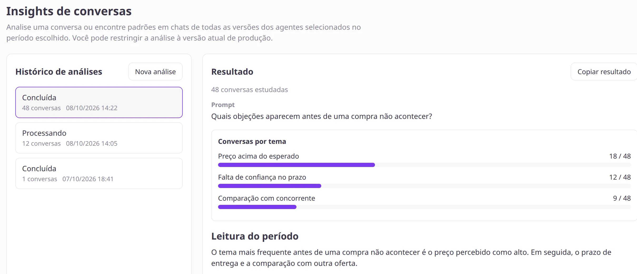 Página Insights de conversas com o histórico de análises à esquerda e o resultado à direita