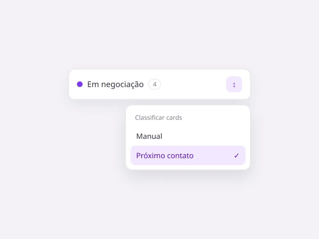 Menu Classificar cards com Próximo contato selecionado