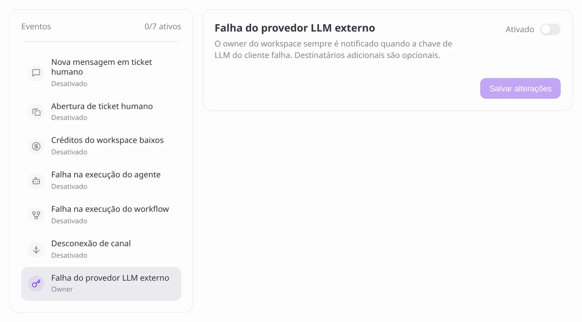 Lista de eventos de Notificações com Falha do provedor LLM externo selecionado e status Owner