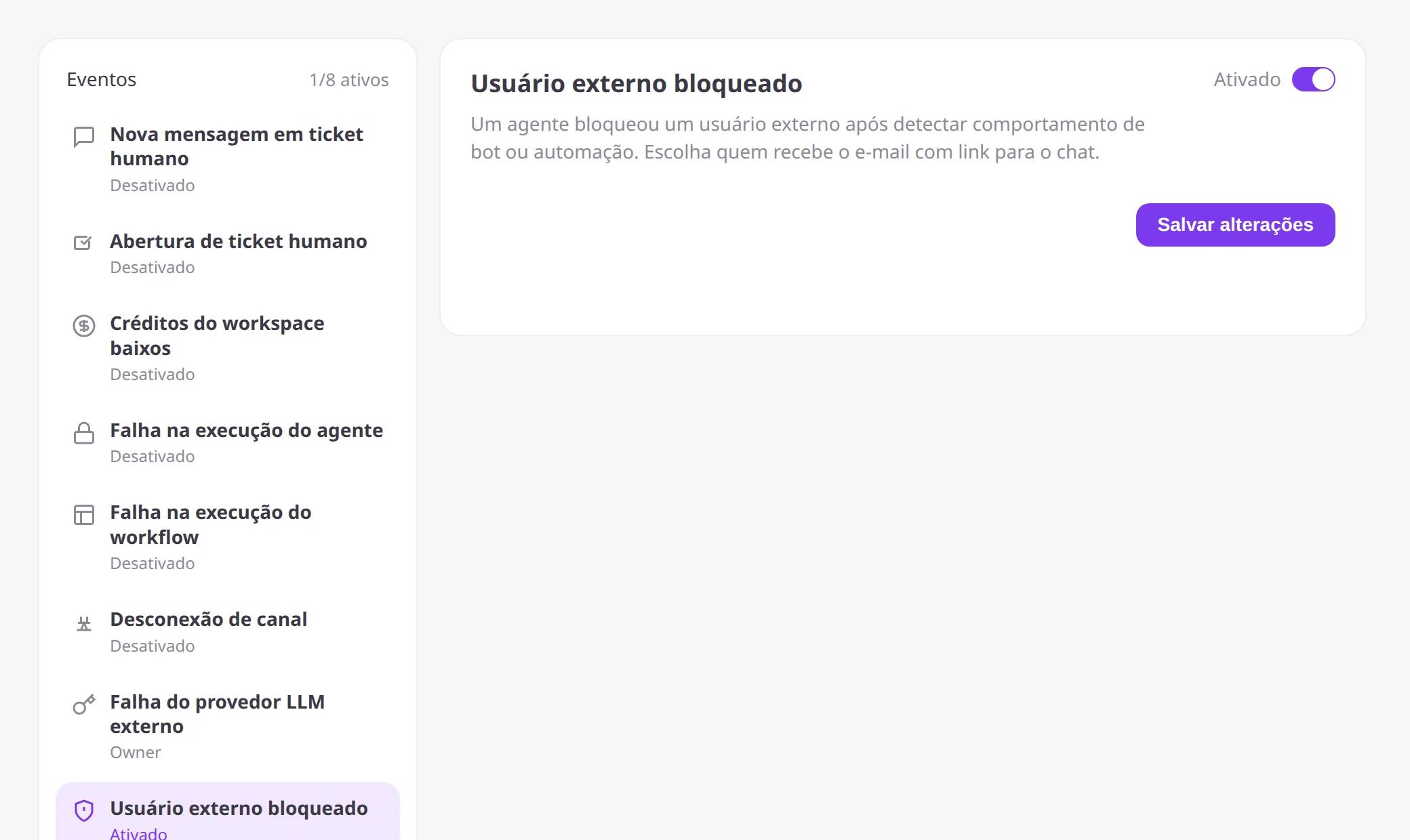Lista de eventos de Notificações com Usuário externo bloqueado selecionado e interruptor Ativado