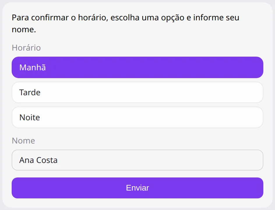 Formulário no chat do Widget com escolha de horário, campo de texto e o botão Enviar