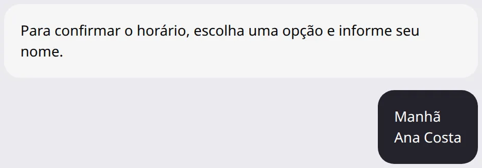Mensagem do Agente seguida dos valores enviados pelo contato