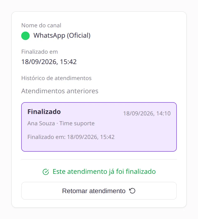 Painel Informações do atendimento com ticket finalizado e botão Retomar atendimento