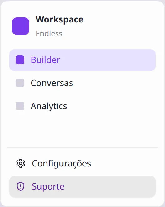 Rodapé da sidebar com Configurações acima de Suporte