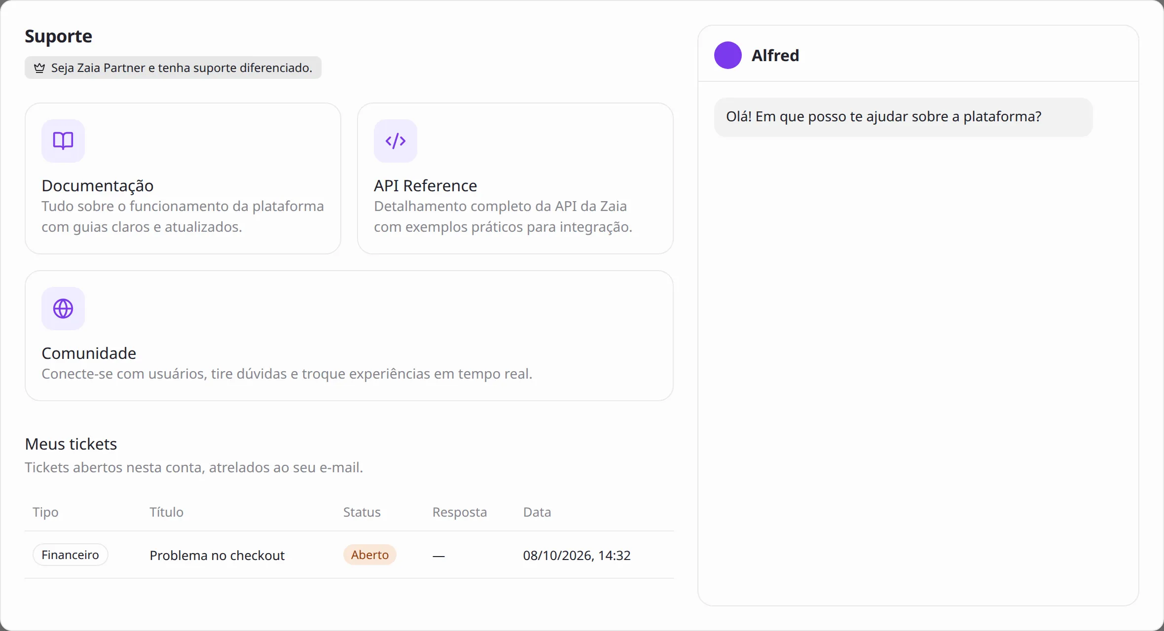 Modal Suporte com Documentação, API Reference, Comunidade, Meus tickets e o Alfred