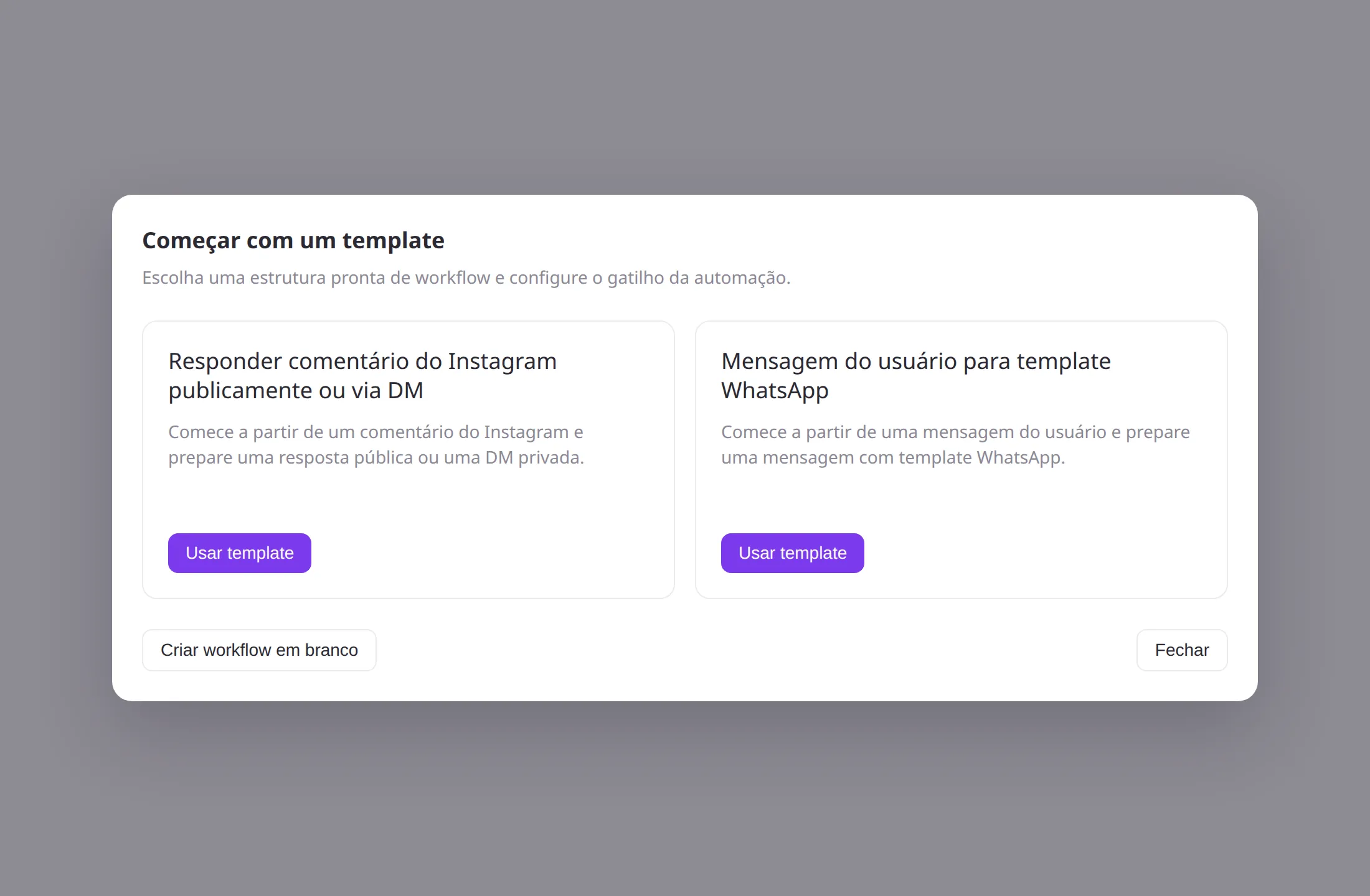 Modal Começar com um template, com os cards de Instagram e WhatsApp, Usar template, Criar workflow em branco e Fechar