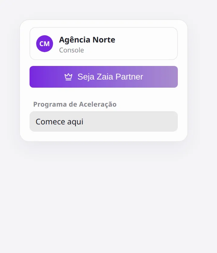 Botão Seja Zaia Partner na sidebar do Console, abaixo do seletor